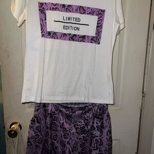 White and Purple Graphic T-Shirt and Skirt Set